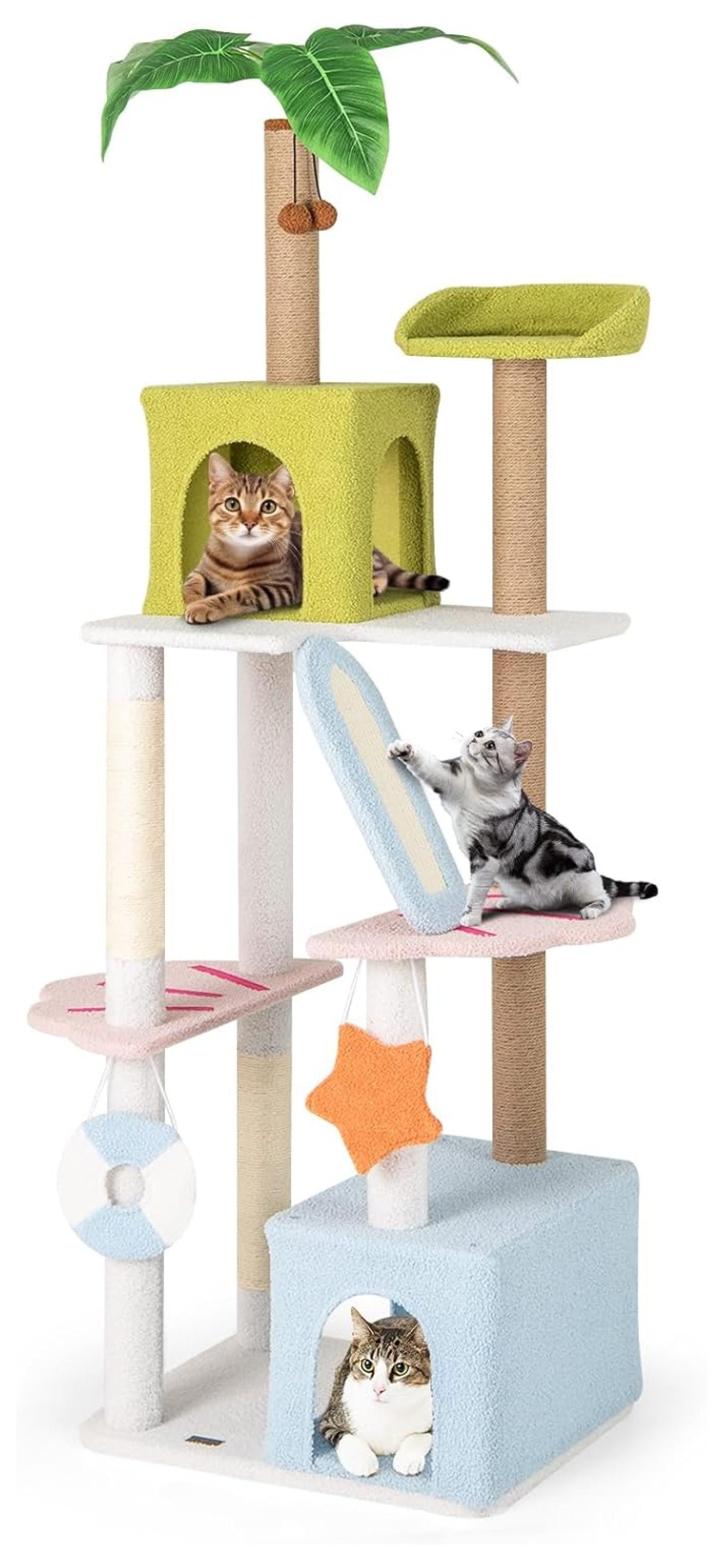 71 Inch Beach-Themed Tall , Multi-Level Cat Tower with Scratching Posts, Dual Condos, Ramp, Faux Plant Leaves, Cute Interactive Hanging Toys, Cute Tower for Indoor Cats