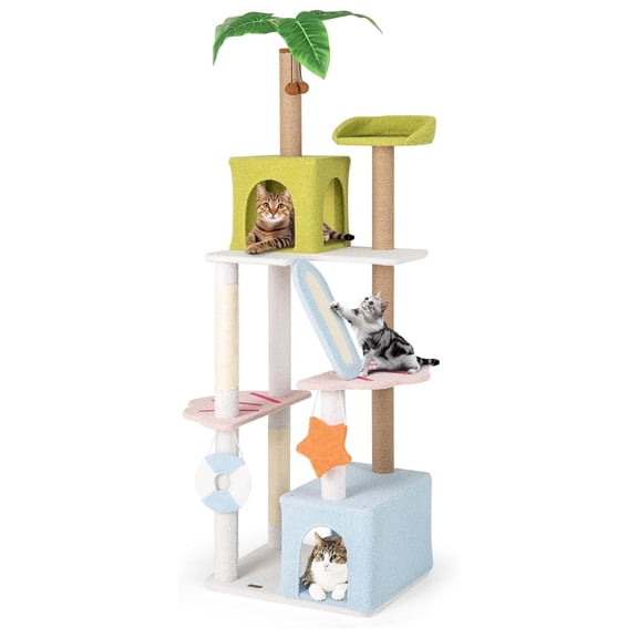 71 Inch Beach-Themed Tall , Multi-Level Cat Tower with Scratching Posts, Dual Condos, Ramp, Faux Plant Leaves, Cute Interactive Hanging Toys, Cute Tower for Indoor Cats