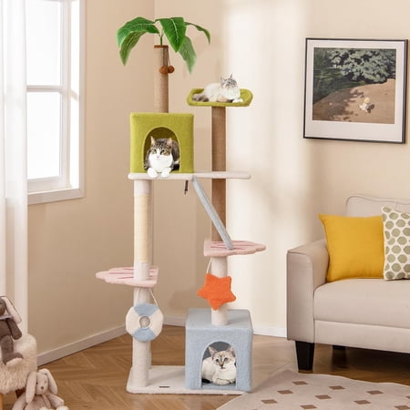71 Inch Beach-Themed Tall Tree Tower with Scratching Posts and Dual Condos