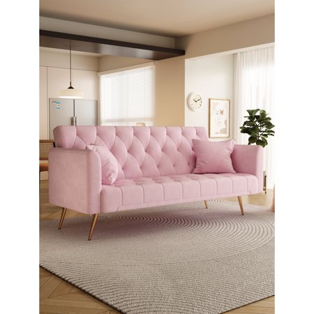 71 Inch Bed In Pink Velvet, For Small Living Areas, Can Be Turned Into Bed, Adjustable Back, Materials, Simple Assembly Convertible 2 Inch, For Apartment