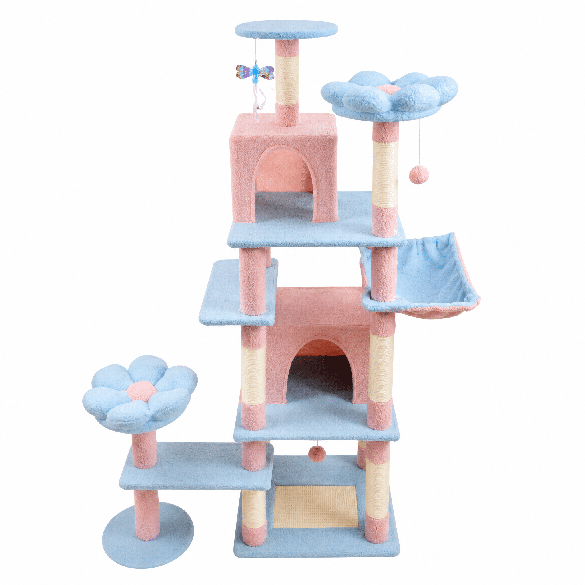 71 Inch Blue Floral Cat Tree, 7-Tier Large Cat Tower with Spacious Condo, Removable Flower Cushion & Hammock, Natural Sisal Scratching Posts for Large & Multi-Cat Homes