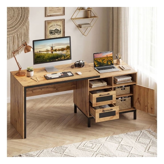 71 Inch Computer Desk with Drawers & Open Storage, Executive Desk with Large Workspace, Farmhouse Office Table for Home Office, Natural