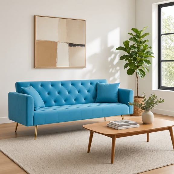 71 Inch Convertible Loveseat Sofa, American Retro Velvet, Suitable for Small Living Room, Bedroom, Office, Light Blue