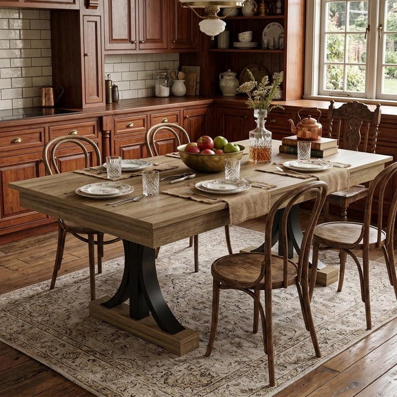 71-Inch Dining Table with 2 Drawers,Rectangular Dining Table for 6-8 with Double Pedestal & Sturdy Frame, Industrial Wooden Kitchen Table with Large Tabletop, for Dinner, Natural