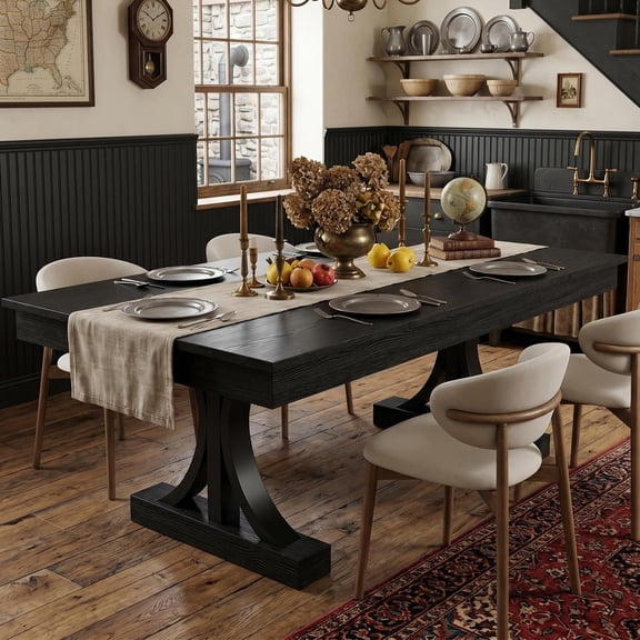 71-Inch Dining Table with 2 Drawers,Rectangular Dining Table for 6-8 with Double Pedestal & Sturdy Frame, Industrial Wooden Kitchen Table with Large Tabletop, for Dinner, Rustic Black