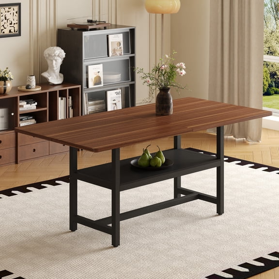 71 Inch Dining Table for 4-6, Modern Rectangular Kitchen Table with 2-Tier Storage, Metal Legs, Large Wooden Dinner Table with Non-Slip Pads, Round Edges, for Living Room, Walnut