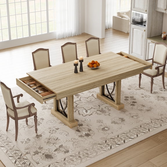 71-Inch Dining Table for 6-8 with 2 Drawers, Large Wooden Kitchen Table w/Large Tabletop & Sturdy Frame, Rectangular Dining Table with Double Pedestal