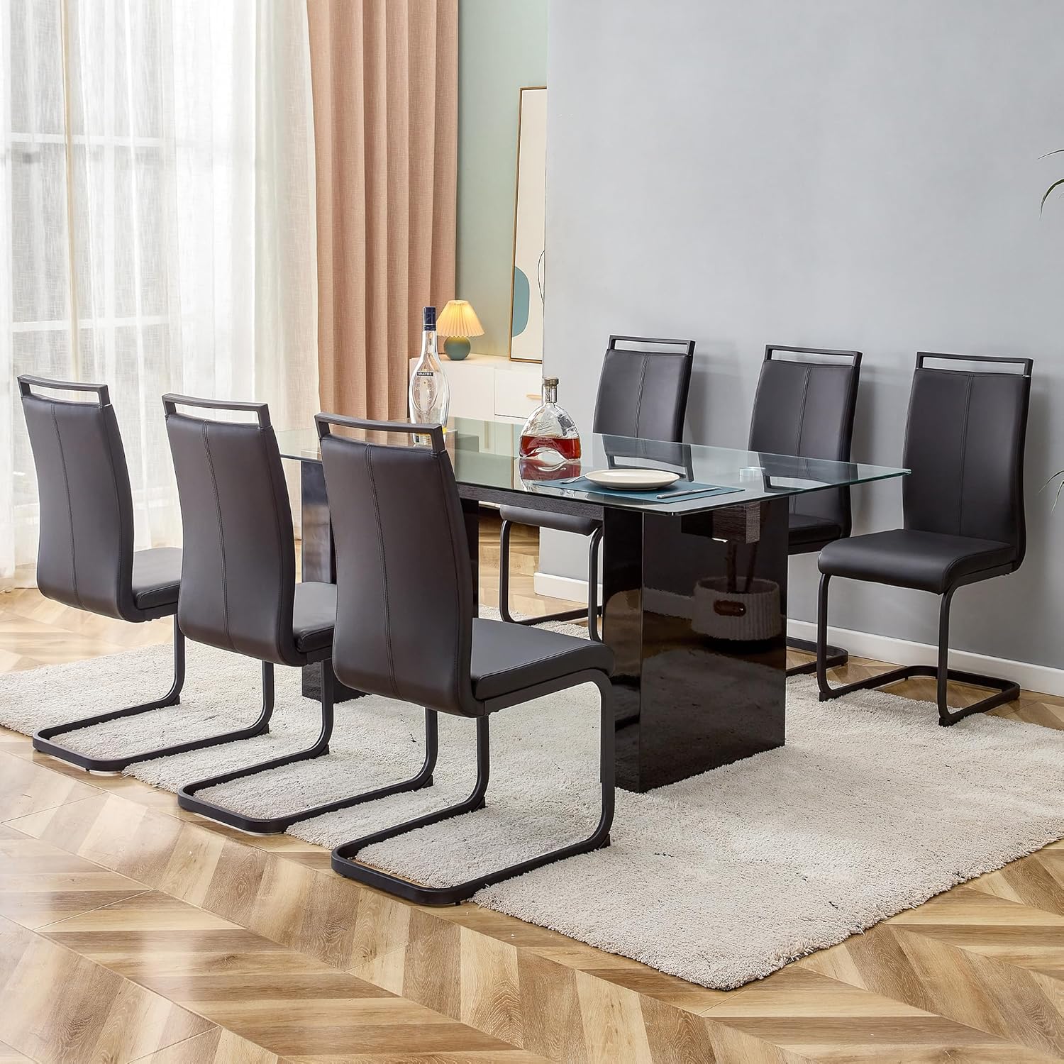 71 Inch Dining Table for 6-8, Thick Glass Top with Premium MDF Pedestal ...