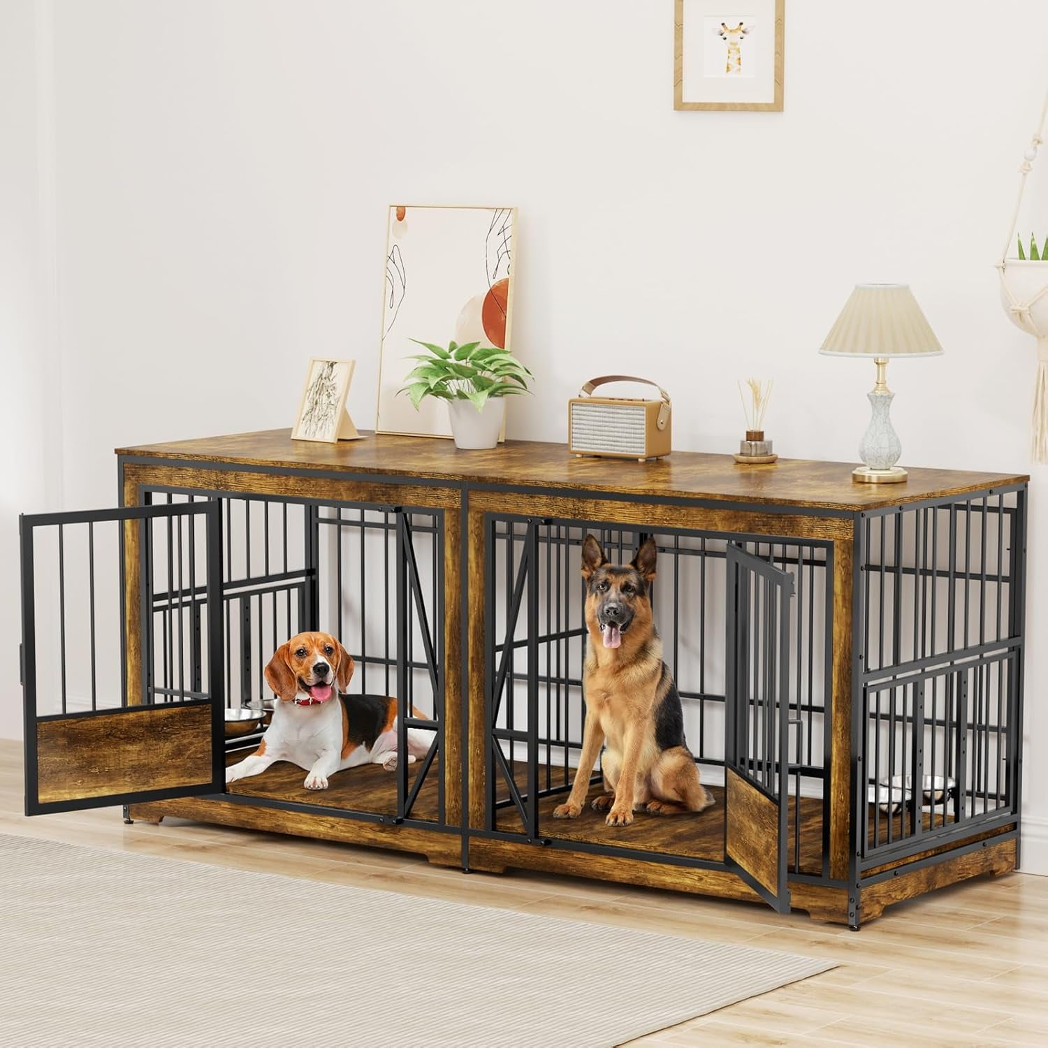 71 Inch Double Dog Crates Furniture for Large Dogs, Heavy Duty Dog ... - Multi Pet Dog Crate Stand With Divider Panel