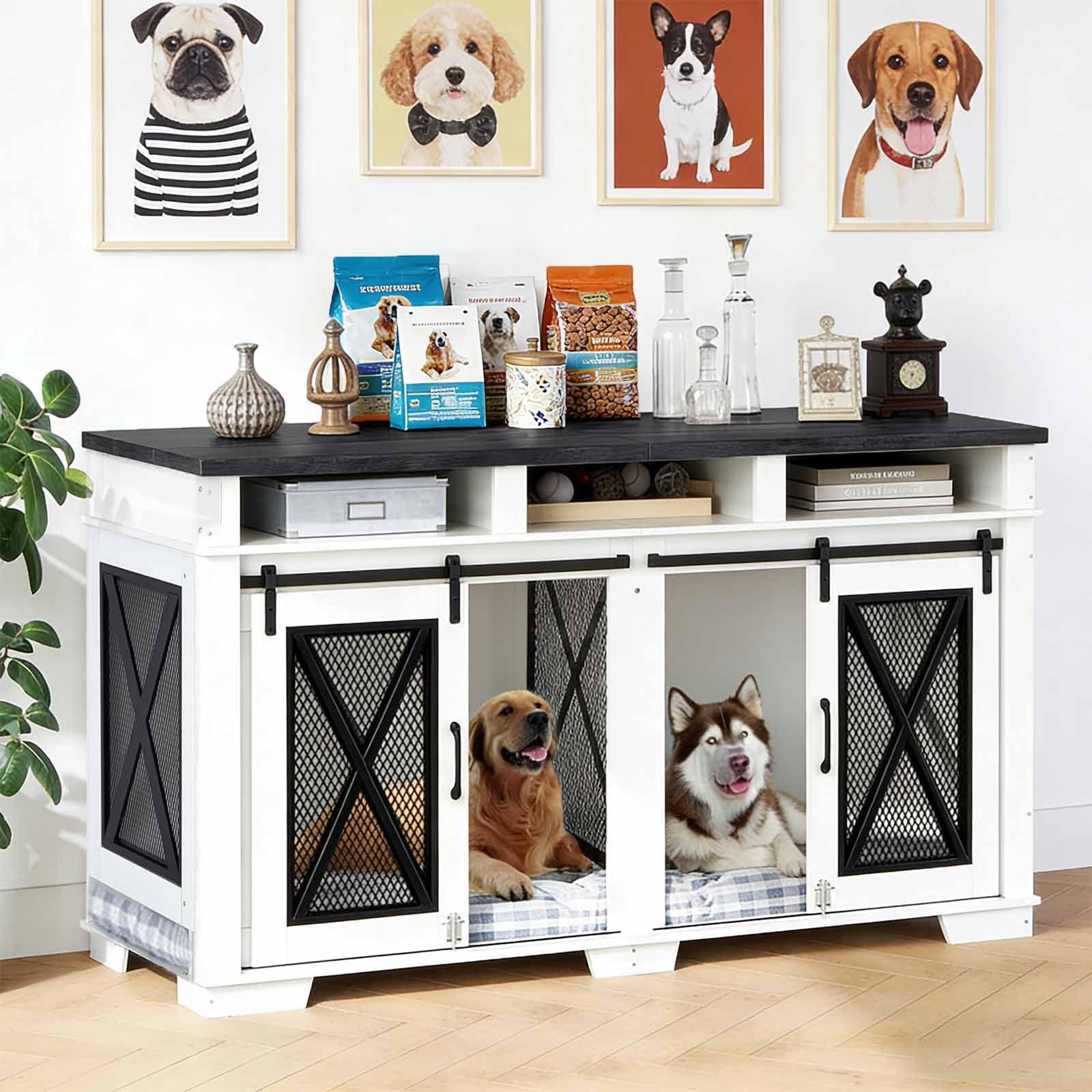71 Inch Dual-Panel Ironwood Dog Cage - Double Layer Steel and Particleboard, Large Double Compartment Dog Crate, Metal and Wood Durable Dog Kennel, Indoor Outdoor Heavy Duty Double Door Dog Cage