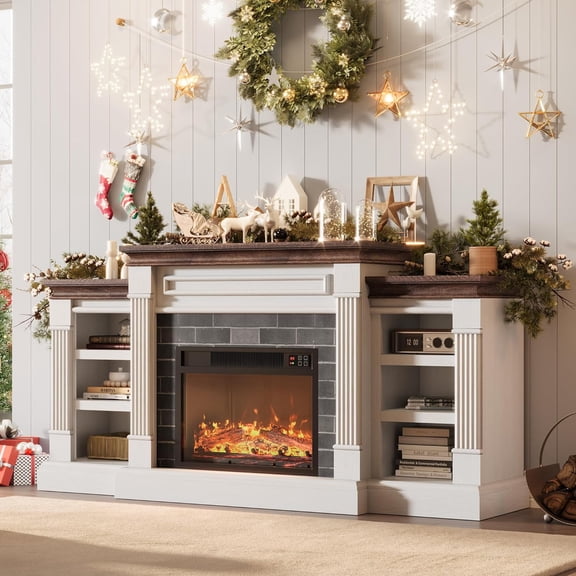 71" Electric Fireplace TV Stand for Up to 80" TV, Metal Frame, Realistic 3D Flame & Stacked Stone Surround, Entertainment Storage White+Brown