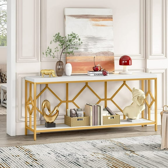71 Inch Extra Long Console Table, Modern Narrow Sofa Table Entry Table Behind Couch Table with Open Storage Shelf for Entryway Hallway Living Room (White & Gold)