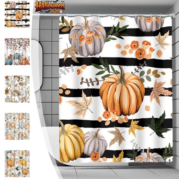 71 Inch Fall Pumpkin Maple Leaf Bathroom Shower Curtain Set With 12 Hooks,100% Polyester Waterproof Fabric Bathroom Curtain, Indoor Halloween Thanksgiving Harvest Season Bathroom Home Decor Partition