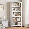 71 Inch Farmhouse Bookcase with Adjustable Shelves, 5 Tier Tall Bookshelf with Wooden Legs, Open Storage, Metal Frame, Rustic Vintage Book Shelf for Living Room, Office, Library, White