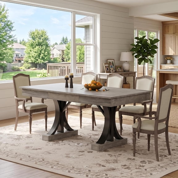 71 Inch Farmhouse Dining Table for 6-8 People with Dual Storage Drawers, Large Rectangular Wood Kitchen Table, Heavy-Duty Pedestal Base Dining Table for Dining Room, Living RoomGray