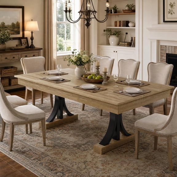71 Inch Farmhouse Dining Table for 6-8 People with Dual Storage Drawers, Large Rectangular Wood Kitchen Table, Heavy-Duty Pedestal Base Dining Table for Dining Room, Living RoomNatural