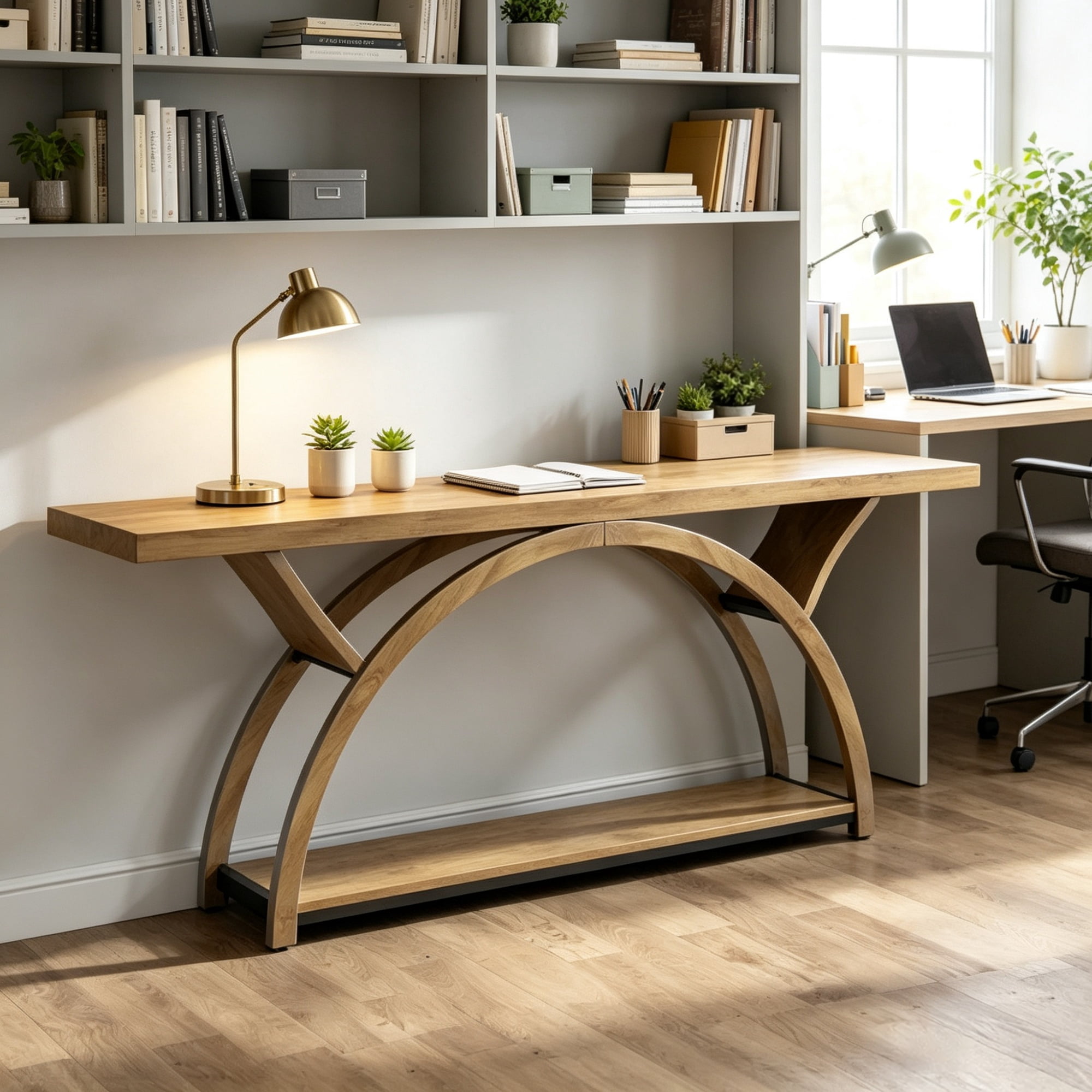 71 Inch Half Moon Console Table with 2 Tier Storage Shelves, Entryway Table