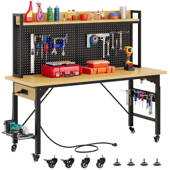 71 Inch Heavy Duty Rolling Workbench with Pegboard & Power Outlets, Adjustable Height Mobile Workbench, 2000 lb Load Capacity, for Garage, Workshop, Home Office – Yellow & Black (71'')