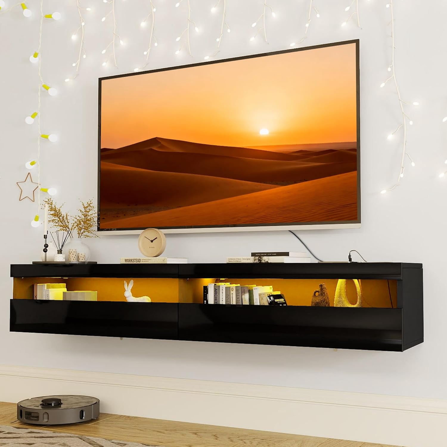 71-Inch High Gloss Black Modern Floating TV Stand with LED Lights and ...