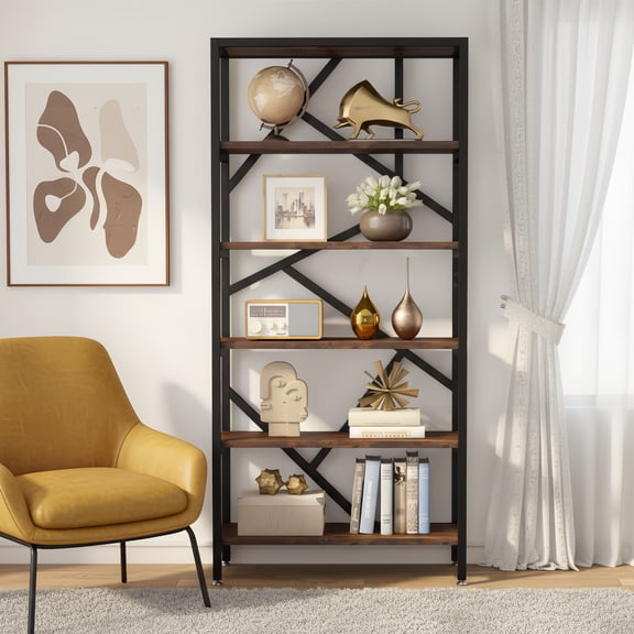71 Inch Industrial 6 Tier Bookcase - Rustic Open Storage Shelves, Freestanding Wood & Metal Shelving Unit for Home Office Bedroom Living Room Decor (Rustic Brown)