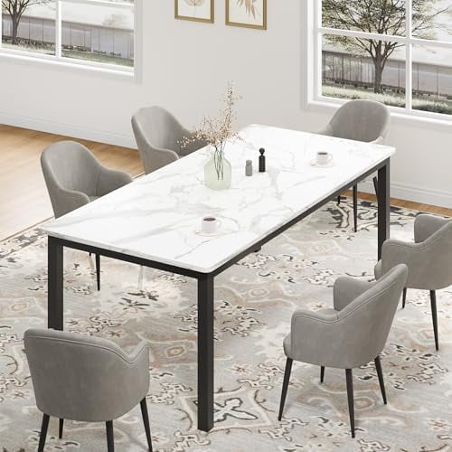71 Inch Industrial Dining Table, Large Rectangle Kitchen Table with Metal Legs, Round Corners, Wooden Conference Tables Writing Desk for Dining Room, Living Room, White Faux Marble$$Furniture