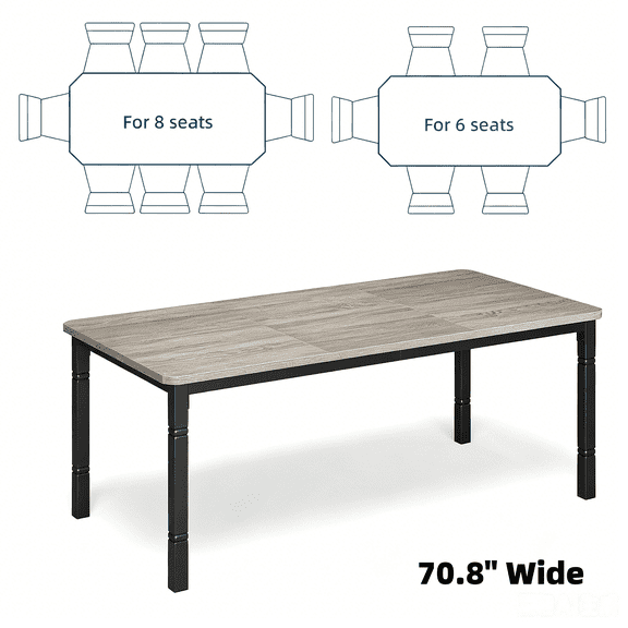 71 Inch Industrial Rectangular Dining Table, Wooden Kitchen Dinner Table with Durable Metal Frame, Seats 6-8 People, Sturdy Long Dining Furniture for Big Family Home Use - Black & Grey