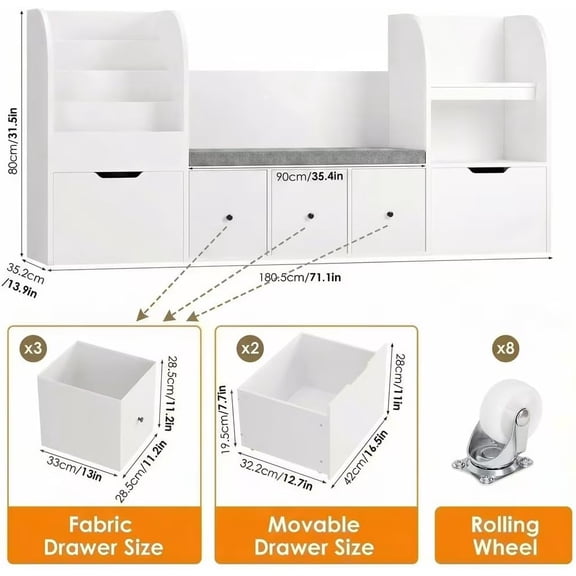 71 Inch Kids Bookshelf with Reading Nook and Storage , White Toy Organizer with 2 Drawers & 3 Fabric Bins