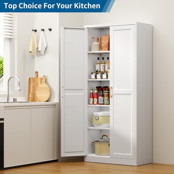 71 Inch Kitchen Pantry Storage Cabinet White Tall Metal Cupboard With 4 Adjustable Shelves and for Dining Room Living Room