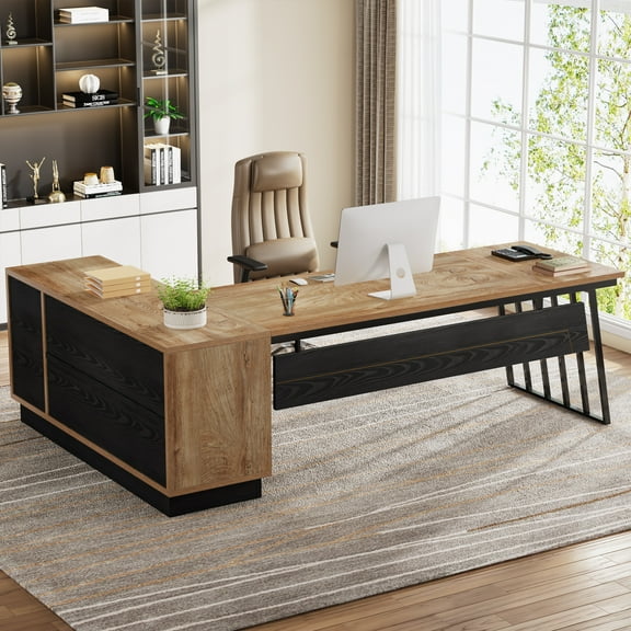 71-Inch L-Shaped Executive Desk, Large Office Desk with Cabinet and Shelves, Oak and Black