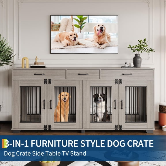 71-Inch Large Dog Crate with 3 Drawers for 2 Dogs, Spacious Wooden Indoor Dog Crate & TV Stand, Furniture Style Kennel with Divider, for Medium Large Dog, Grey