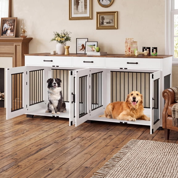 71-Inch Large Dog Crate with 3 Drawers for 2 Dogs, Spacious Wooden Indoor Dog Crate & TV Stand, Furniture Style Kennel with Divider, for Medium Large Dog, White