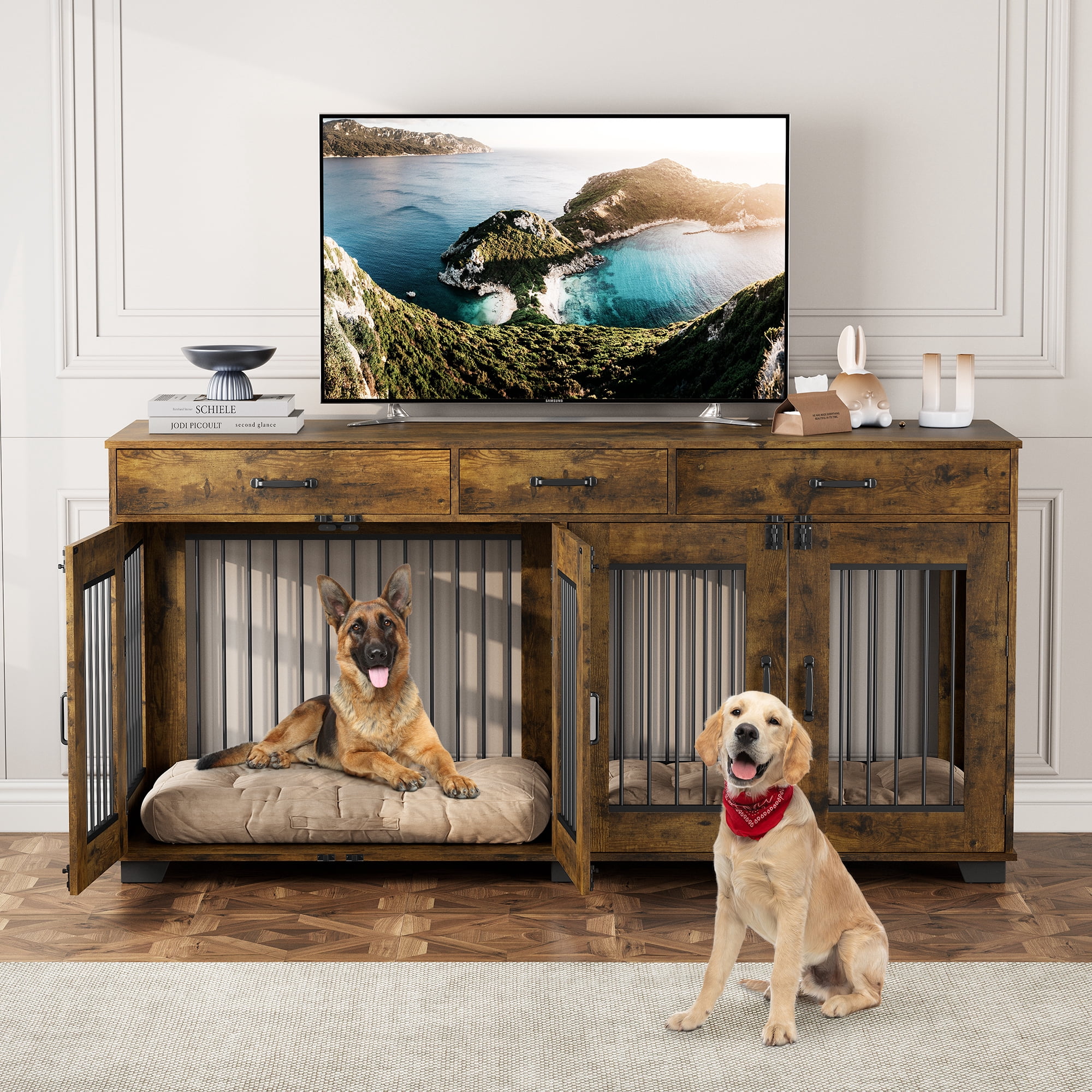 71-Inch Large Dog Crate with 3 Drawers for 2 Dogs, Spacious Wooden ...