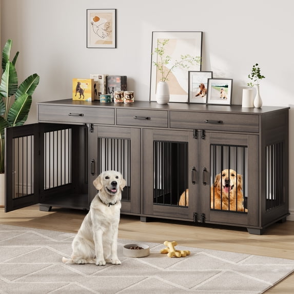 71-Inch Large Dog Crate with 3 Drawers for 2 Dogs, Spacious Wooden Indoor Kennel with Divider, Large Breed Dog Crate and TV Stand, Perfect for Medium Large Dogs