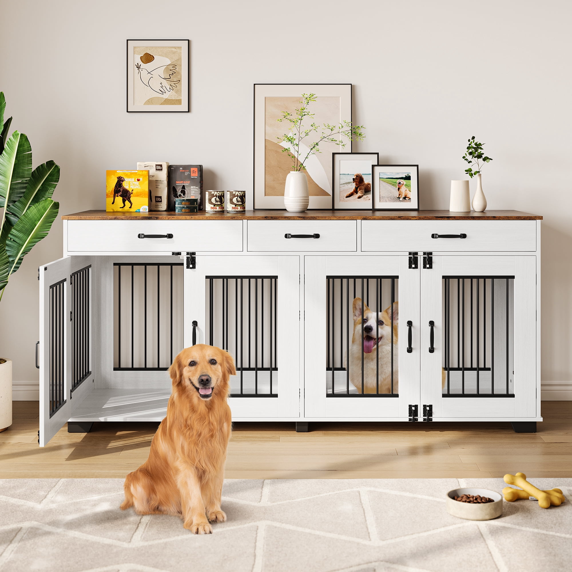 71-Inch Large Dog Crate with 3 Drawers for 2 Dogs, Spacious Wooden ...