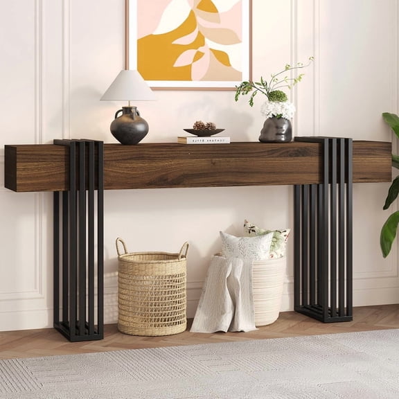 71 Inch Long Console Table, Extra Thick Industrial Sofa Table Behind The Couch Rectangular Entryway Table for Entrance Hallway Living Room, Entire top Board & 4-Pipe Legs, Walnut