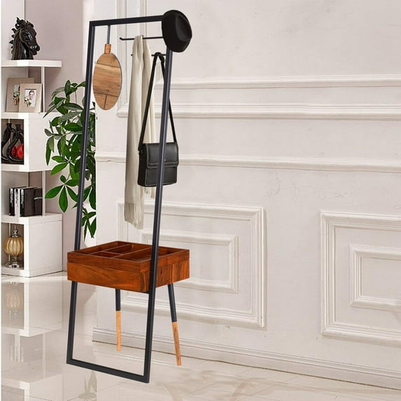 71 Inch Metal Frame Coat Rack, Built In Mirror, 1 Drawer, Acacia Wood ...