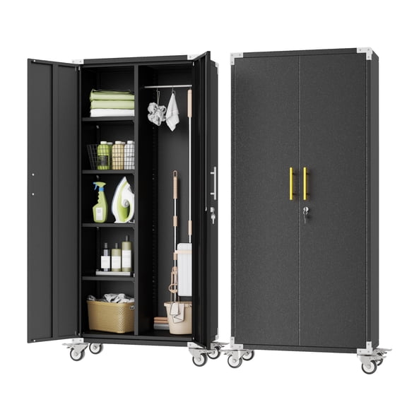 71 Inch Metal Garage Storage Cabinet with Wheels Cold Rolled Steel Broom Closet Cleaning Cabinet Tall Lockable Utility Tool Organizers with Hooks, Black