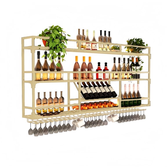 71 Inch Metal Wall-Mounted Wine Rack with LED Light - 3 Tier Wine Storage Display Rack with Glass Holder - Space-Saving Bottle Display Shelf for Home Bars, Dining Rooms, Gold
