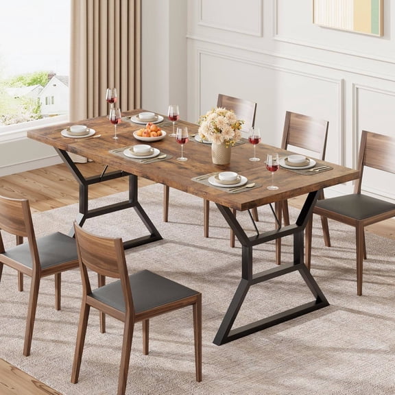71 Inch Modern Industrial Dining Table for 68 People  Stain-Resistant Engineered Wood Top, Black Metal Trestle Base