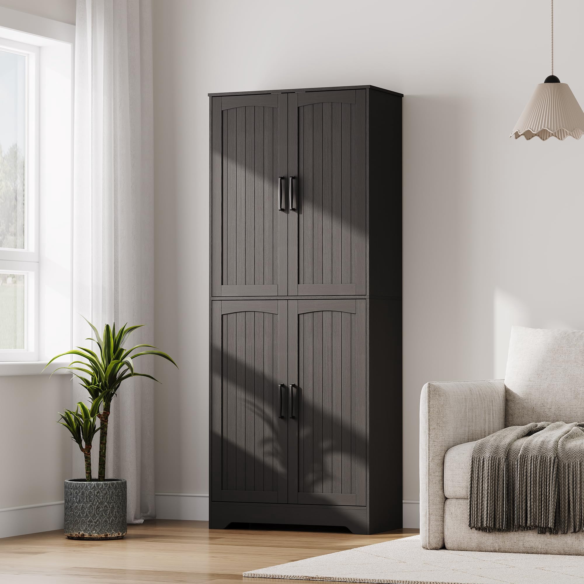 71 Inch Modern Tall Wood Pantry Storage Cabinet, Farmhouse Kitchen Pantry Cabinet, with 4 Doors & Adjustable Shelves, Freestanding Cupboard for kitchen & Living Room, Black