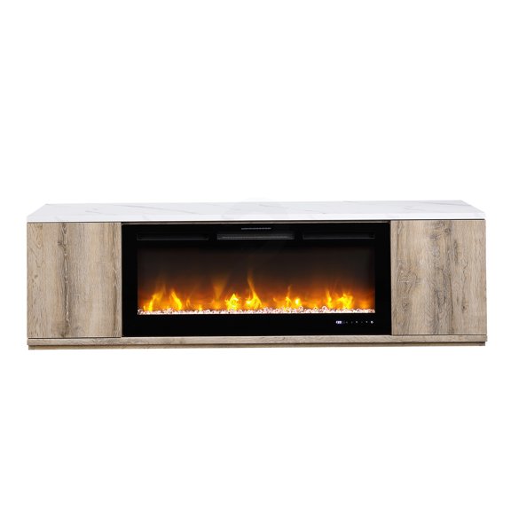71 Inch Natural TV Stand with Integrated Bluetooth Speaker and LED Lighting for Primary Living Spaces