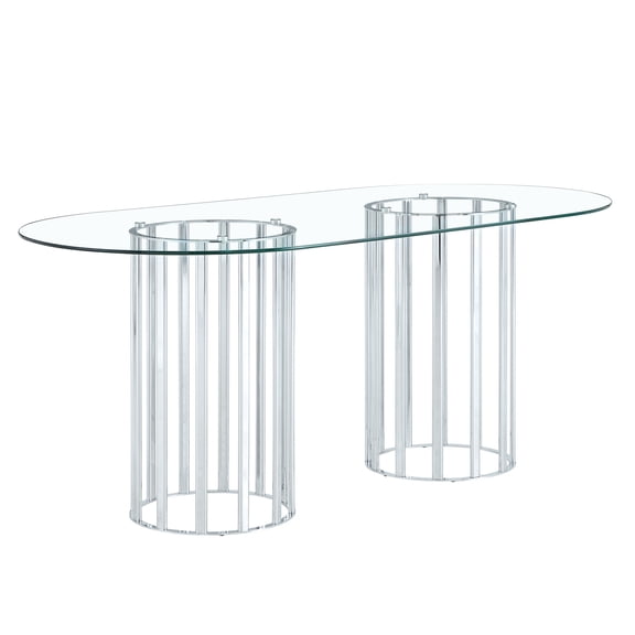 71 Inch Oval Tempered Glass Dining Table for 6-8, Silver Double Column Light Luxury Base, Scratch Resistant Easy Clean, Modern Kitchen Table