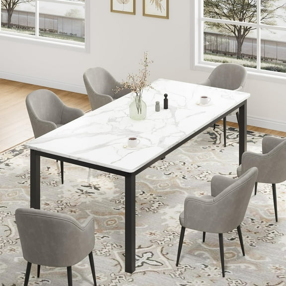 Dining Table for 6-8 People, Kitchen Table with Metal Legs and Round Corners, Large Wooden Desk for Dining Room