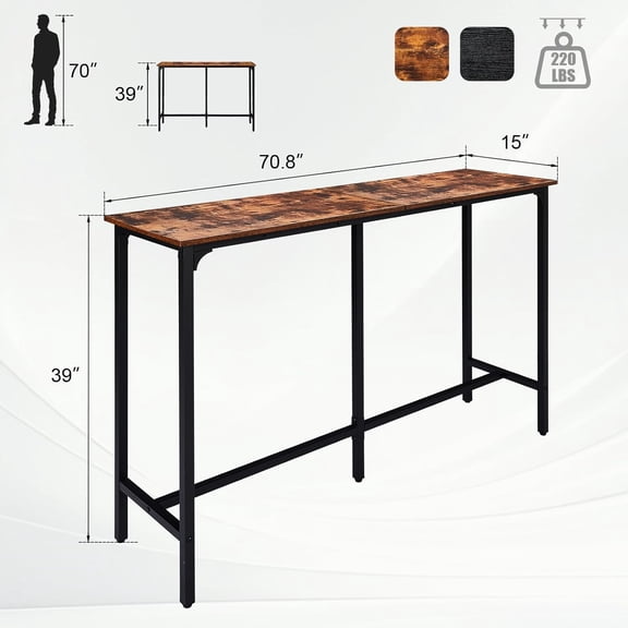 71 Inch Rectangular Bar Table with Sturdy Metal  and Triangular Support, Rustic Brown High Top Counter Height Table for Kitchen Dining Living Room Small Space Easy Assembly