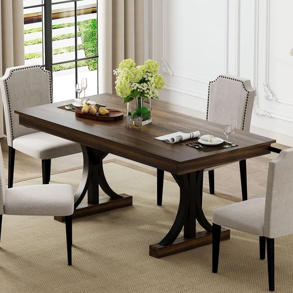 71-Inch Rectangular Dining Table with Two Drawers, Wooden Kitchen Table w/Large Tabletop & Sturdy Frame, Large Dining Table for 6-8 with Double Pedestal, for Dining Room, Office