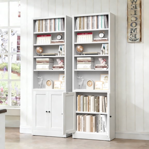 71 Inch Tall 5-Tier Modern Metal Bookcase Bookshelf with Door Adjustable Shelves for Living Room, Office, Library, White
