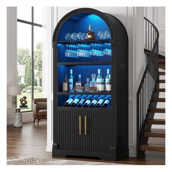 71 Inch Tall Arched Bar Cabinet with Wine Rack Glass Holder 4 Open Shelves Sensor for Kitchen Living Room Home