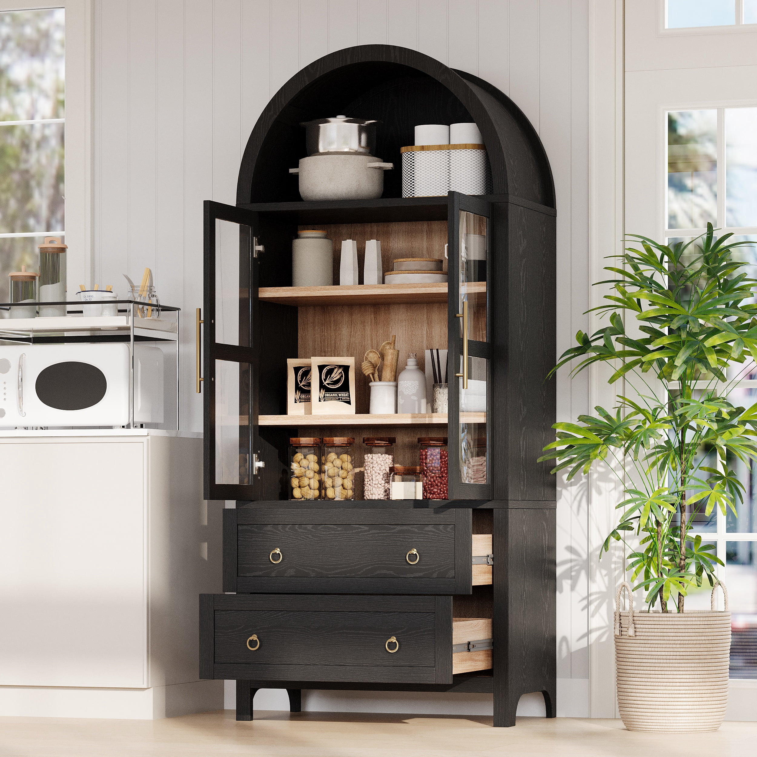 71-Inch Tall Arched Kitchen Pantry Cabinet with Glass Doors and 2 Drawers, Farmhouse Storage Cabinet with Adjustable Shelves for Kitchen and Dining Room, White