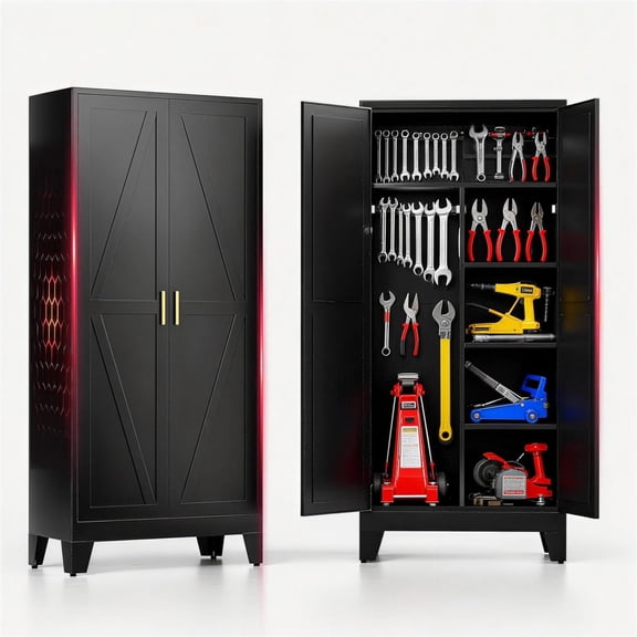 71-Inch Tall Black Metal Garage Storage Cabinet, Broom Closet and Utility Cabinet