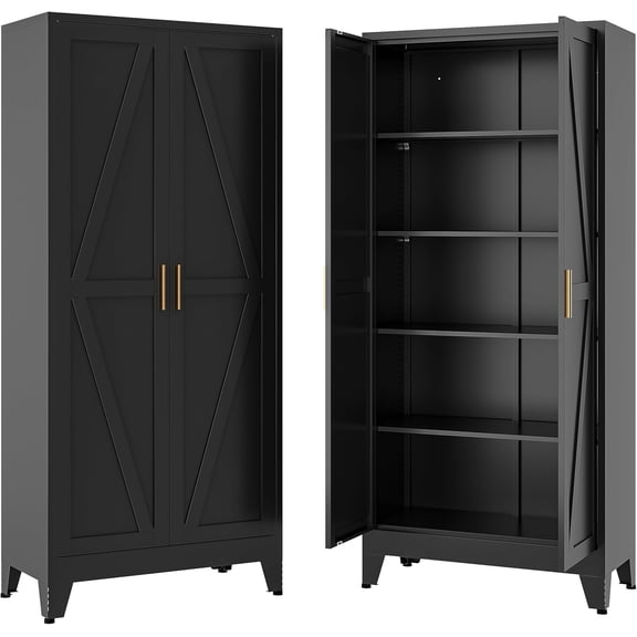 71-Inch Tall Black Metal Garage Storage Cabinet, Broom Closet and Utility Cabinet